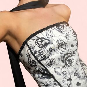 American-vintage Black & White Floral Corset Top + Matching Neck Scarf